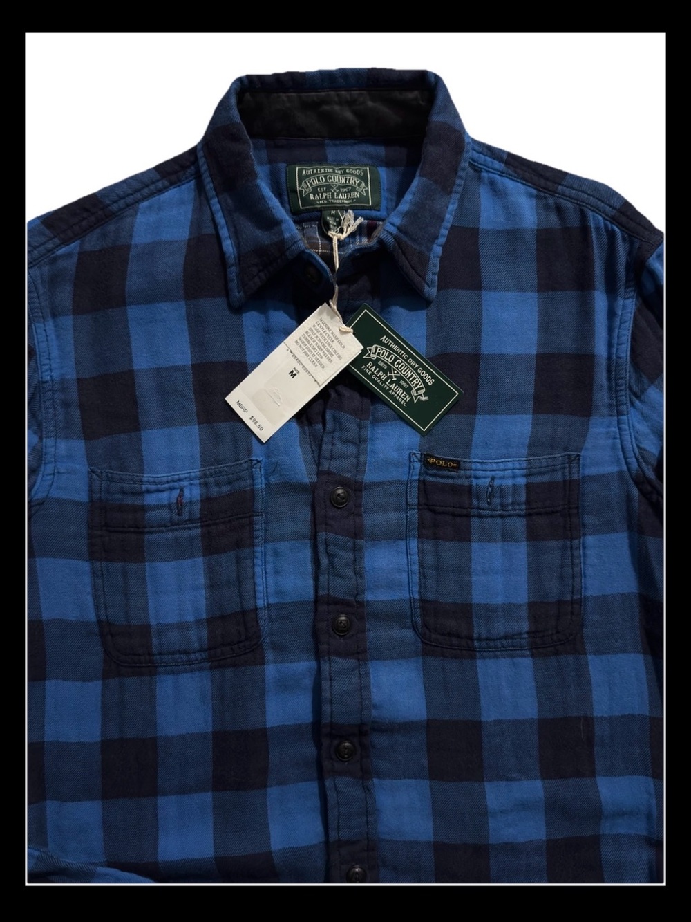 NWT Polo Country Ralph Lauren Plaid Flannel Workshirt Blue Black Medium MSRP $98